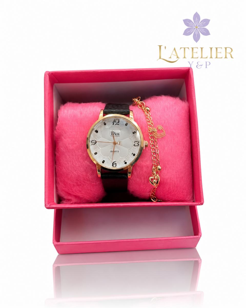 Kit Relógio Feminino Dourado alça preta com Pulseira  – Mostrador Rosé